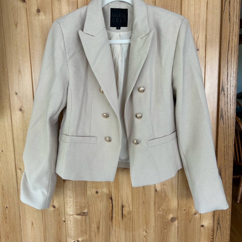 Mina Self Cream Women's Suit Jacket with Gold Accents Size Large Cropped